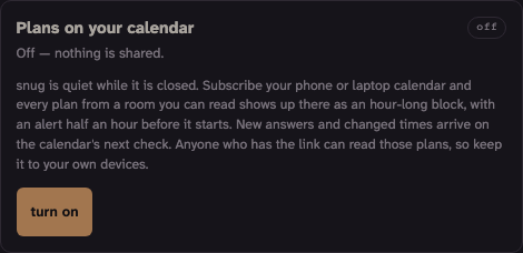 The calendar card under Settings > Notifications, switched off, with a turn on button.