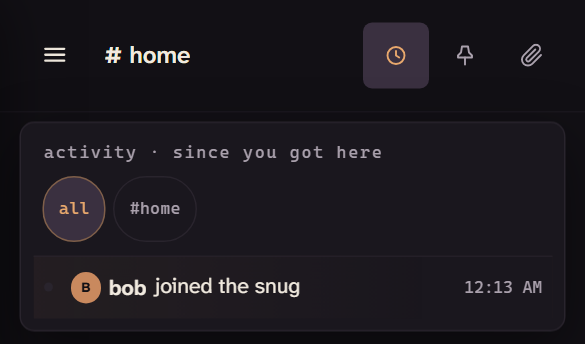 The highlighted clock in the conversation header opens recent activity.