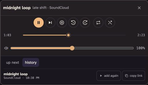 Selecting the media bot under its channel opens playback controls and recent history.