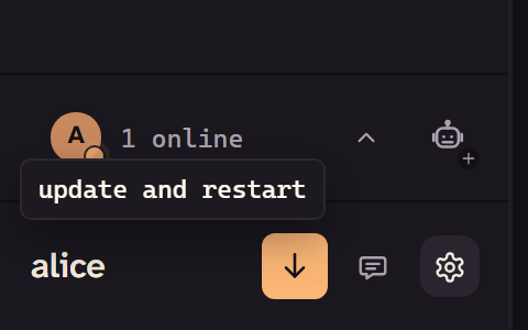 The desktop app's update control beside your name, labeled update and restart.