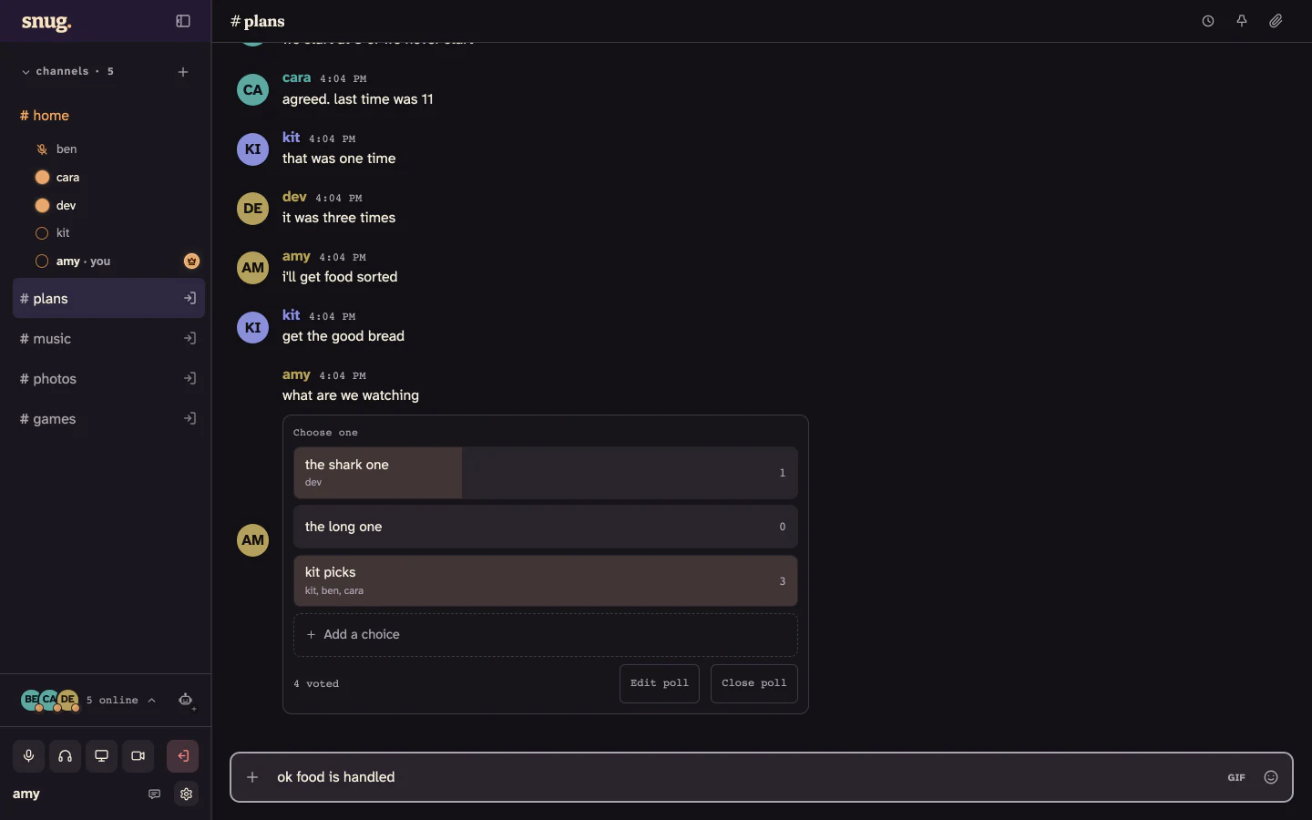 snug showing the #plans conversation while four friends talk in the #home voice channel