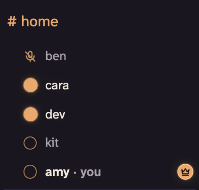 The #home voice channel in snug: two friends with a lit dot beside their name, two in the call and quiet, and one muted